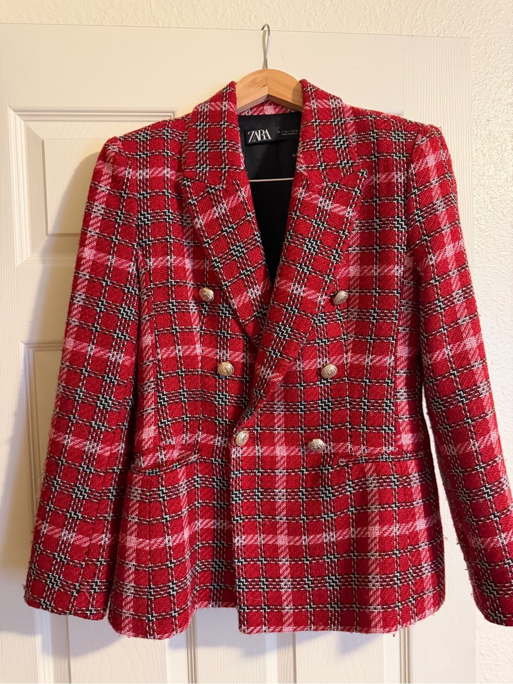 Zara Red Plaid Double-Breasted Tweed Blazer with Gold Buttons